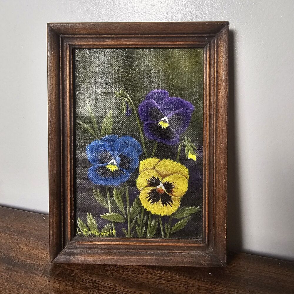 Framed Pansy Still Life Acrylic Painting – Signed Floral Art 6x8 In Handpainted
